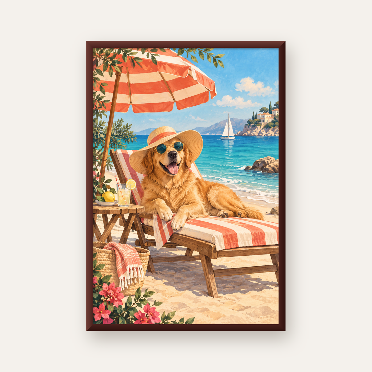 Şezlongda Güneşlenen Köpek Akdeniz Poster – Sıcak Plaj Havası — ceviz çerçeveli