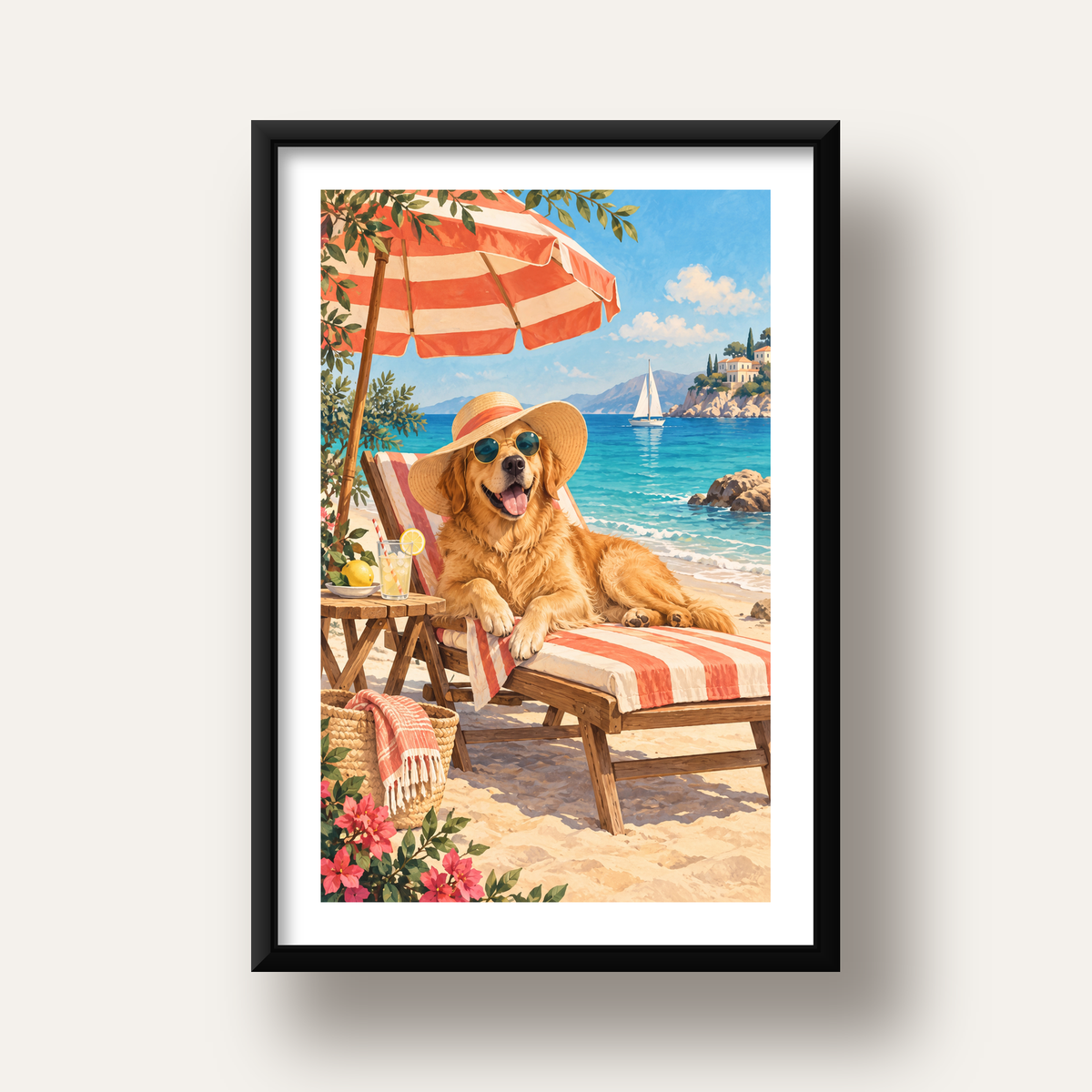 Şezlongda Güneşlenen Köpek Akdeniz Poster – Sıcak Plaj Havası — siyah derin çerçeveli paspartulu