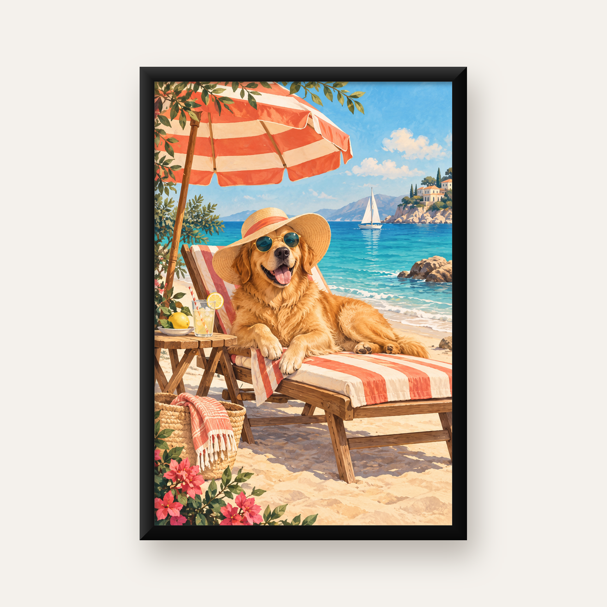 Şezlongda Güneşlenen Köpek Akdeniz Poster – Sıcak Plaj Havası — Dikey baskı, düz siyah çerçeveli duvar posteri