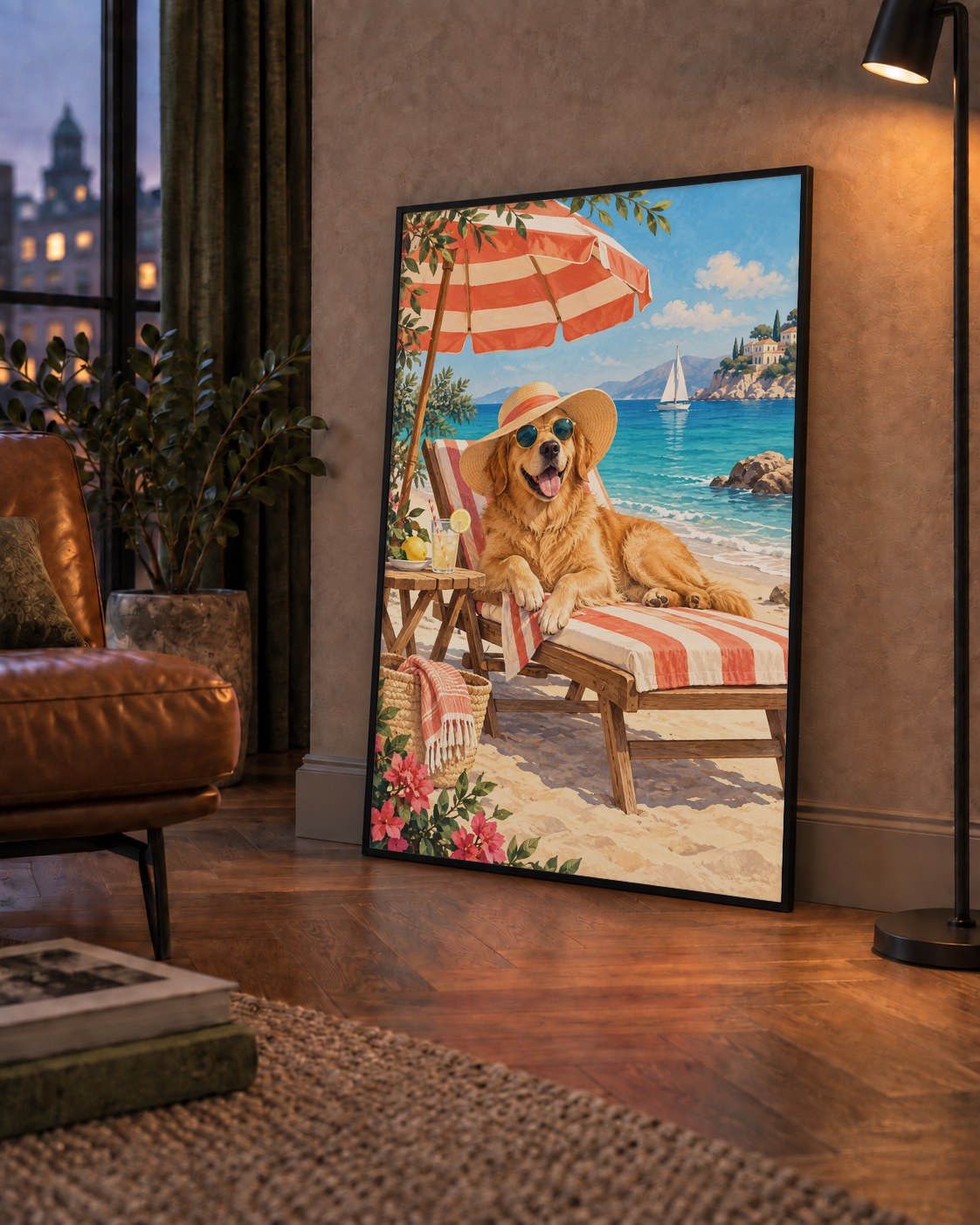 Şezlongda Güneşlenen Köpek Akdeniz Poster – Sıcak Plaj Havası — çerçeveli hâliyle bir ev duvarında