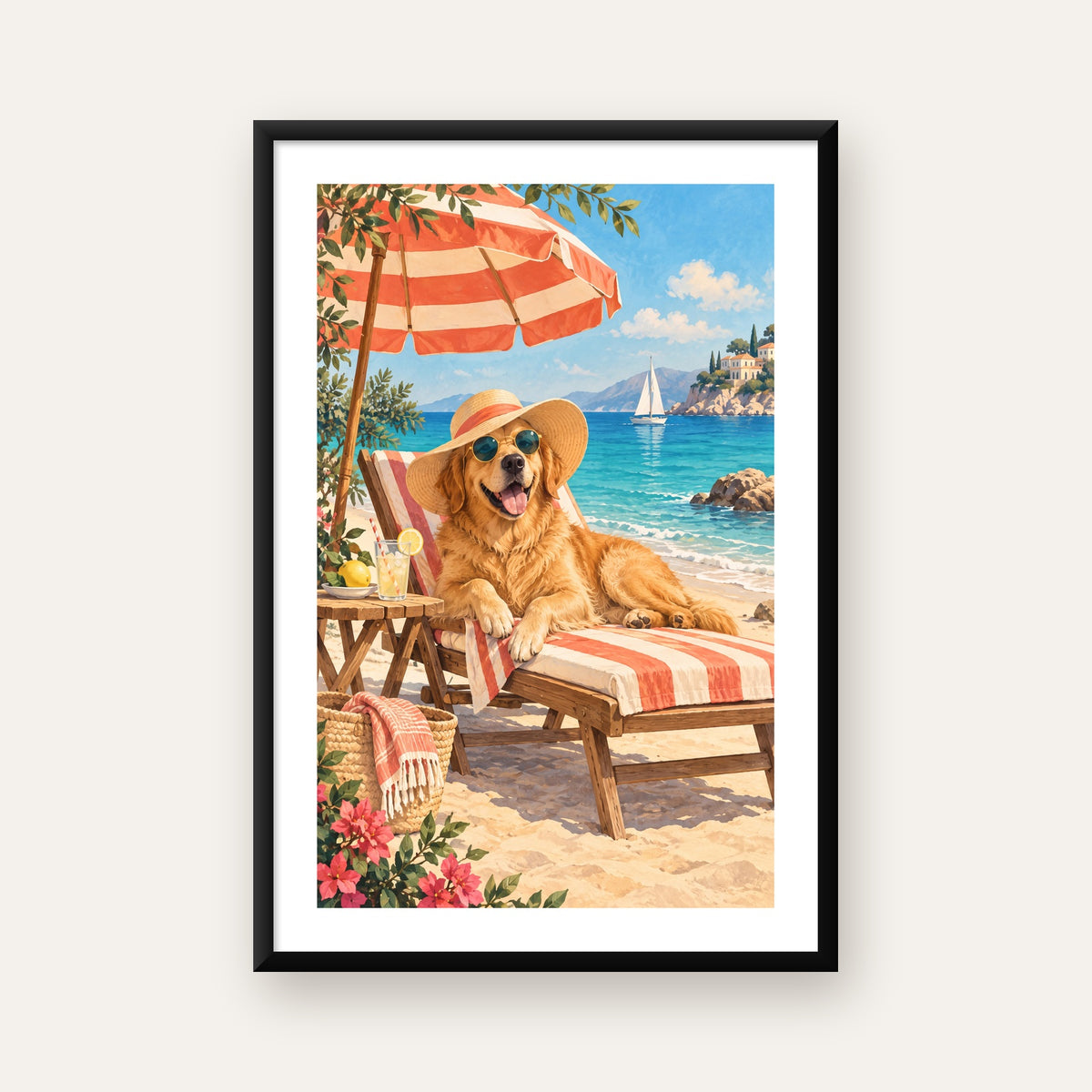 Şezlongda Güneşlenen Köpek Akdeniz Poster – Sıcak Plaj Havası — Dikey baskı, beyaz paspartulu