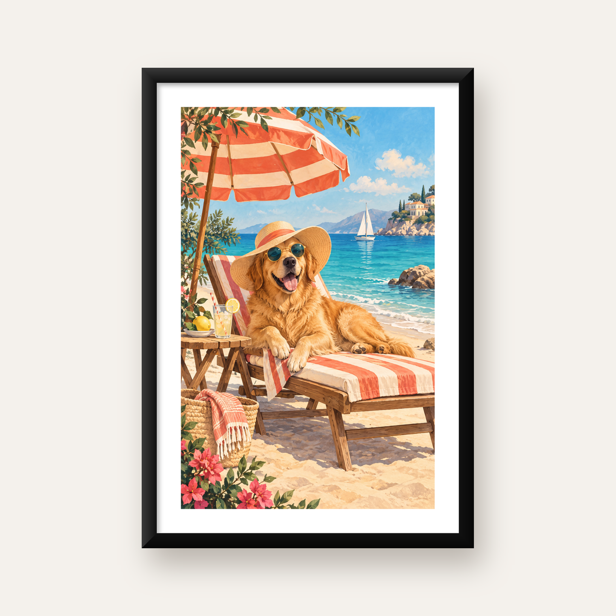 Şezlongda Güneşlenen Köpek Akdeniz Poster – Sıcak Plaj Havası — Dikey baskı, beyaz paspartulu