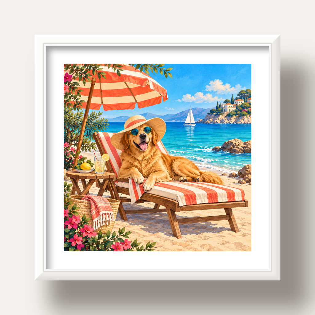 Şezlongda Güneşlenen Köpek Akdeniz Poster – Sıcak Plaj Havası — beyaz derin çerçeveli paspartulu