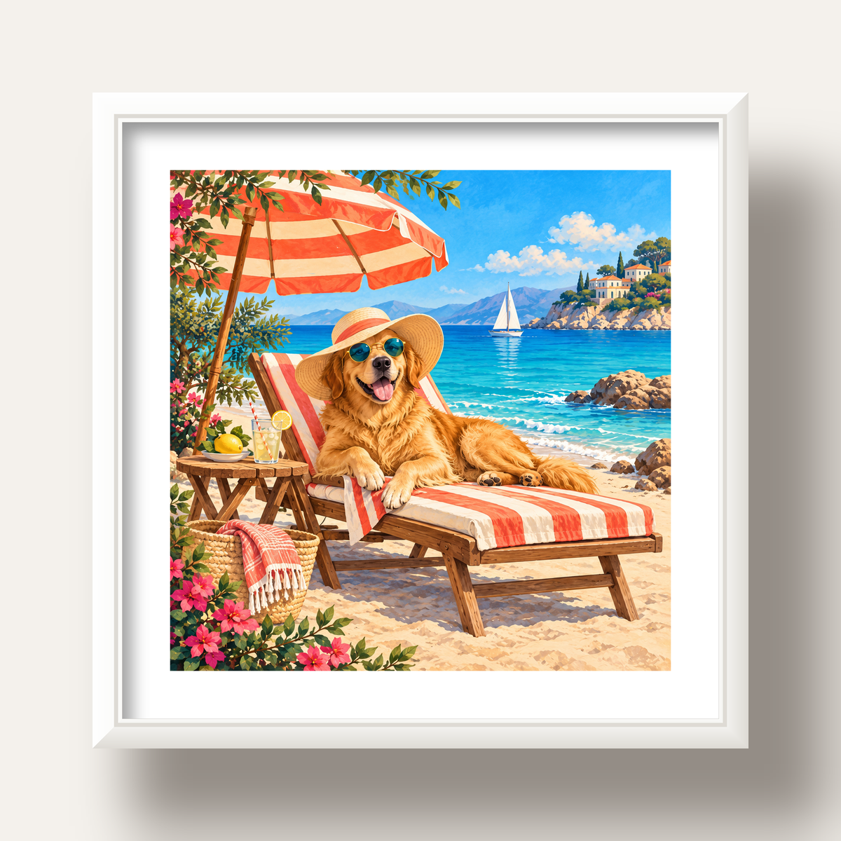 Şezlongda Güneşlenen Köpek Akdeniz Poster – Sıcak Plaj Havası — beyaz derin çerçeveli paspartulu