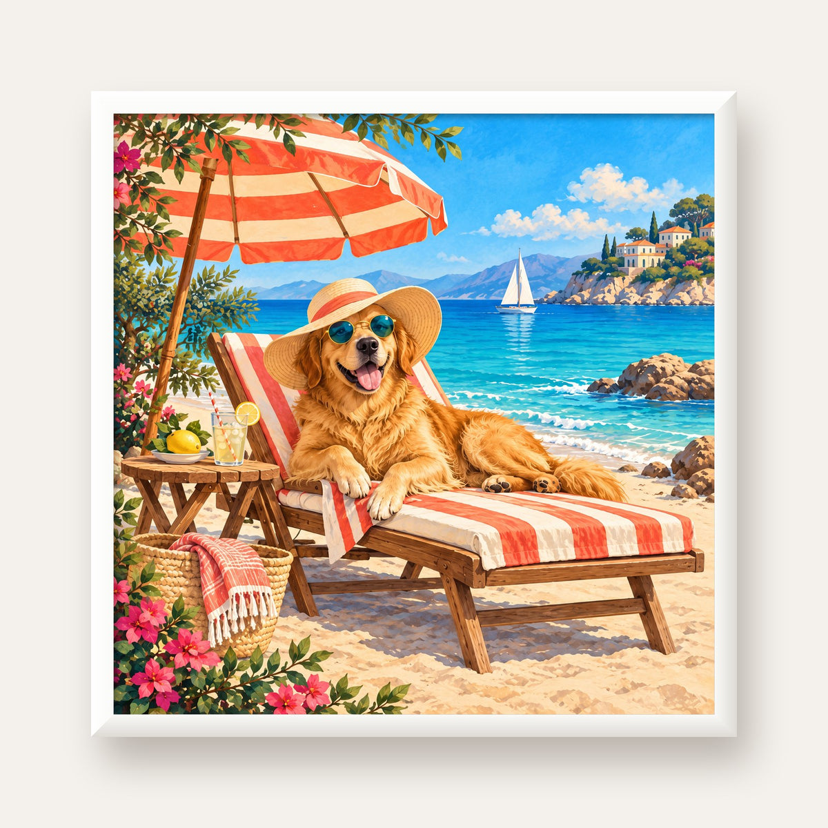 Şezlongda Güneşlenen Köpek Akdeniz Poster – Sıcak Plaj Havası — beyaz çerçeveli kare poster