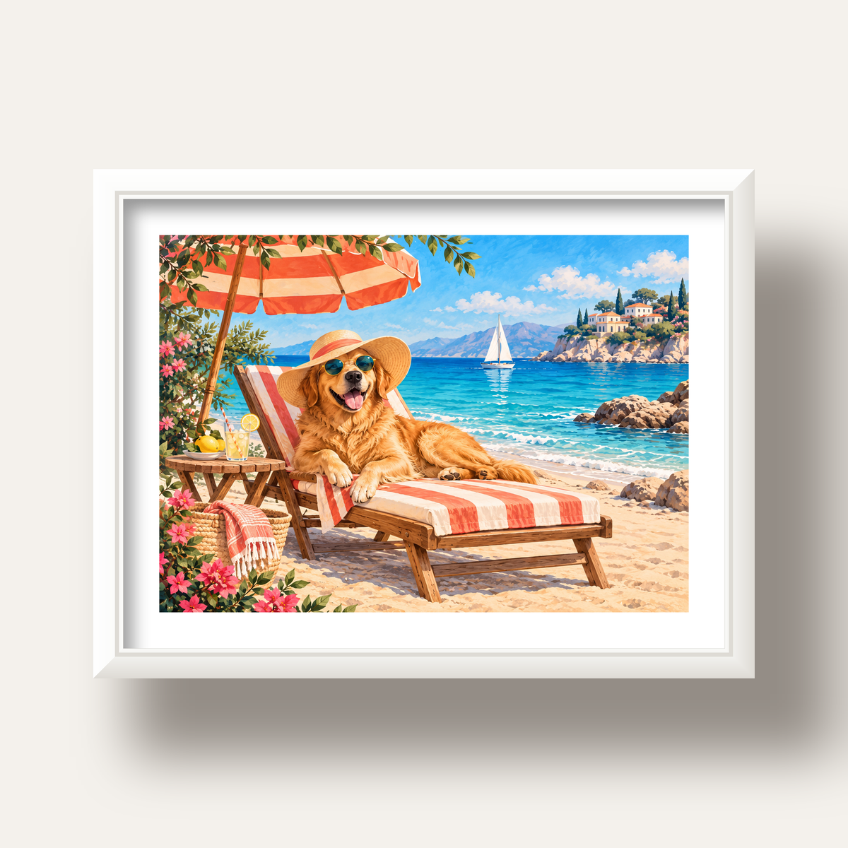 Şezlongda Güneşlenen Köpek Akdeniz Poster – Sıcak Plaj Havası — beyaz derin çerçeveli paspartulu