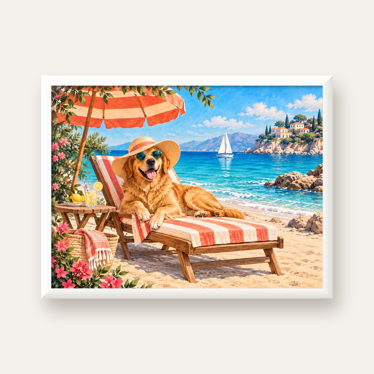 Şezlongda Güneşlenen Köpek Akdeniz Poster – Sıcak Plaj Havası — beyaz çerçeveli yatay poster