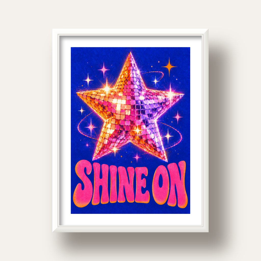 Shine On Disko Yıldızı Tipografi Posteri — beyaz derin çerçeveli paspartulu
