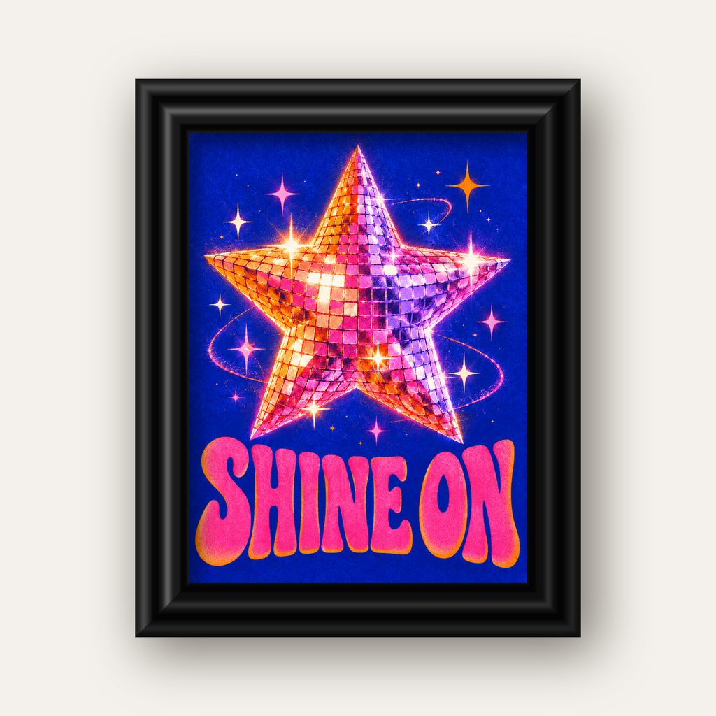 Shine On Disko Yıldızı Tipografi Posteri — siyah galeri çerçeveli