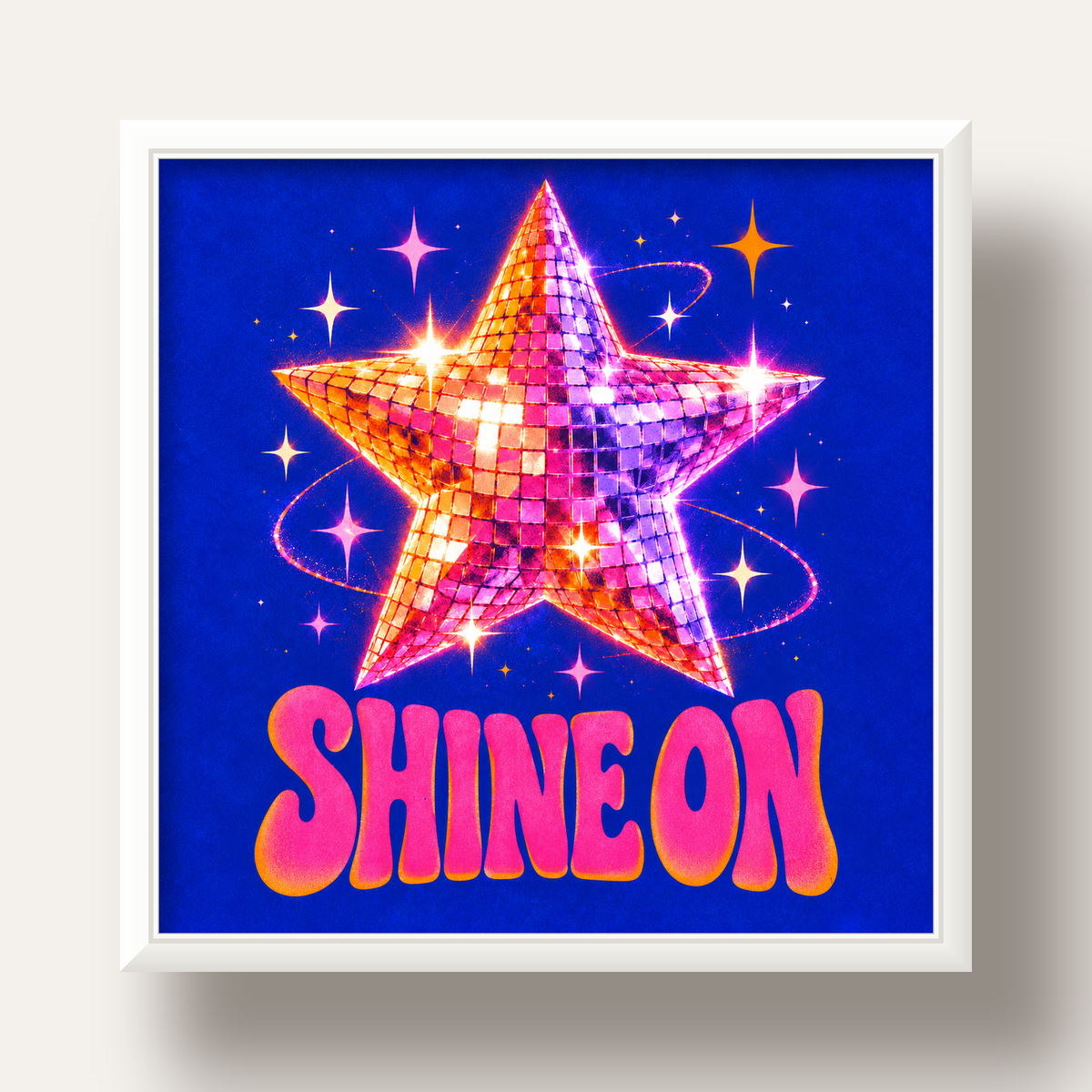 Shine On Disko Yıldızı Tipografi Posteri — beyaz derin çerçeveli