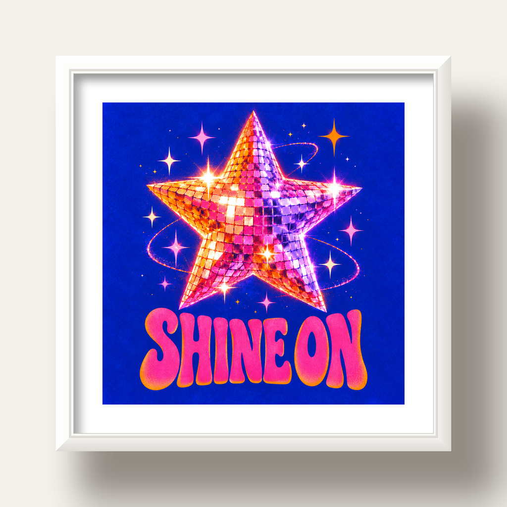 Shine On Disko Yıldızı Tipografi Posteri — beyaz derin çerçeveli paspartulu