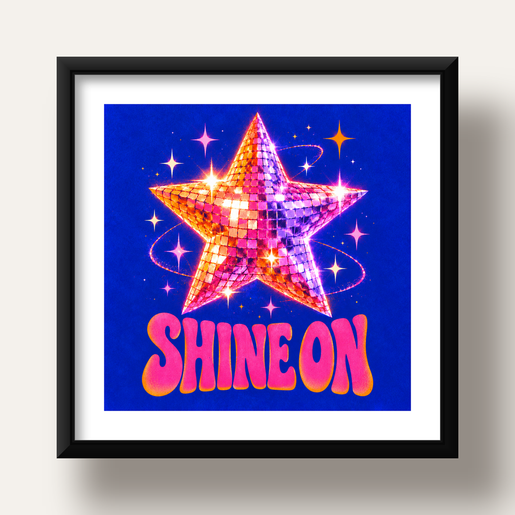 Shine On Disko Yıldızı Tipografi Posteri — siyah derin çerçeveli paspartulu