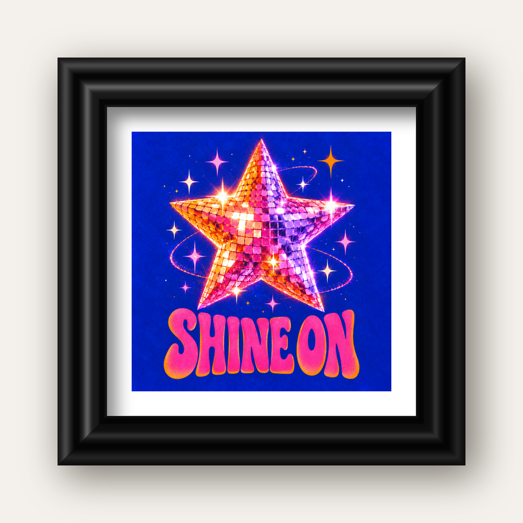 Shine On Disko Yıldızı Tipografi Posteri — siyah galeri çerçeveli paspartulu