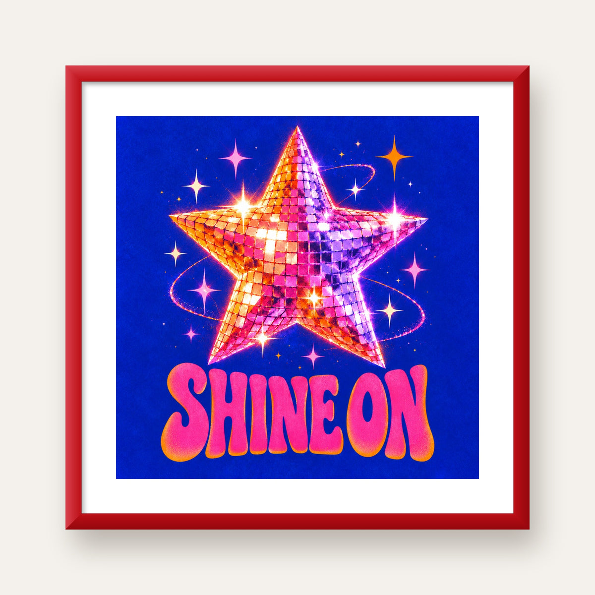 Shine On Disko Yıldızı Tipografi Posteri — kırmızı çerçeveli paspartulu