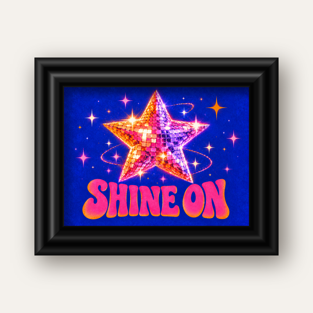 Shine On Disko Yıldızı Tipografi Posteri — siyah galeri çerçeveli