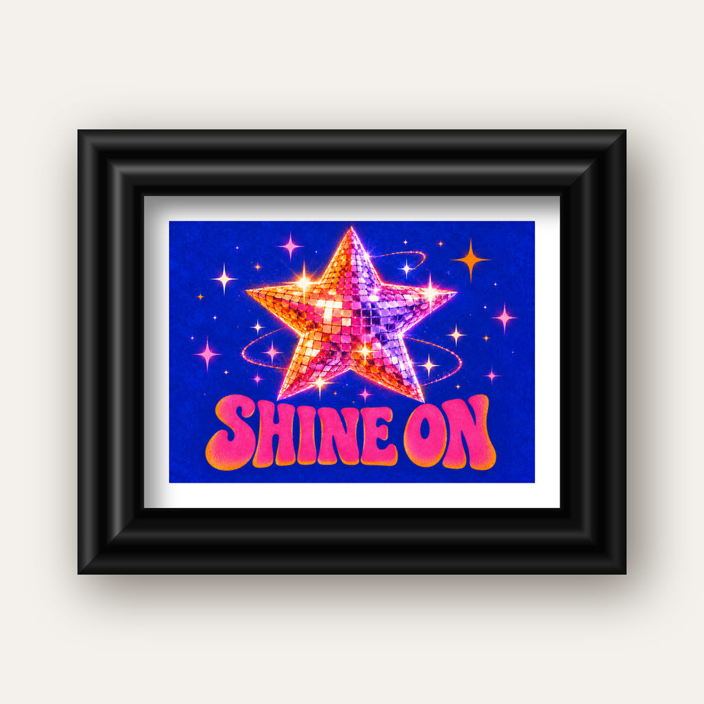 Shine On Disko Yıldızı Tipografi Posteri — siyah galeri çerçeveli paspartulu