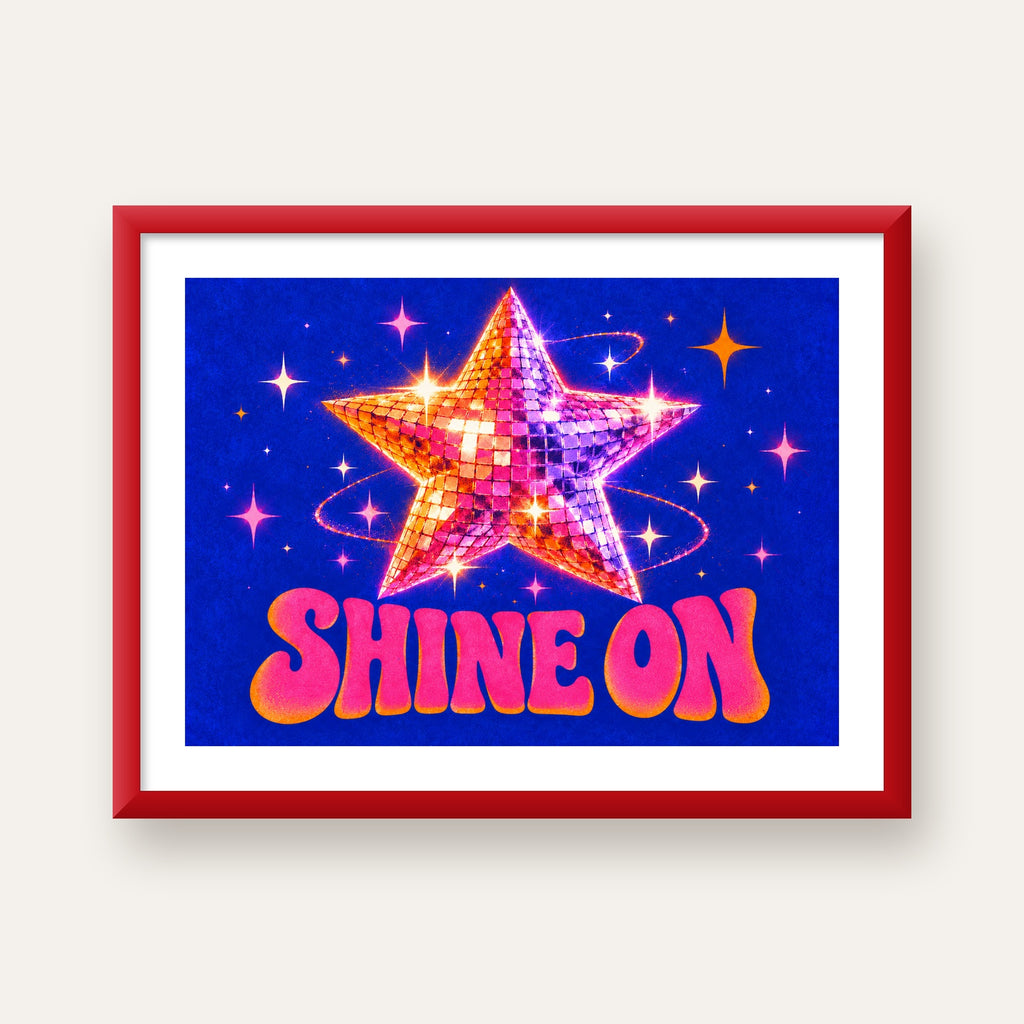 Shine On Disko Yıldızı Tipografi Posteri — kırmızı çerçeveli paspartulu