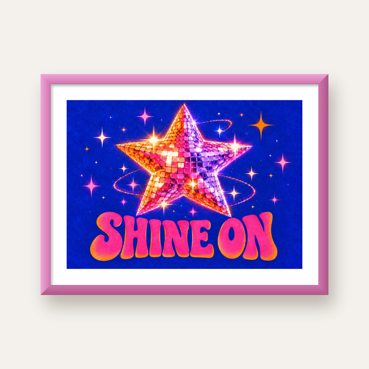 Shine On Disko Yıldızı Tipografi Posteri — pembe çerçeveli paspartulu