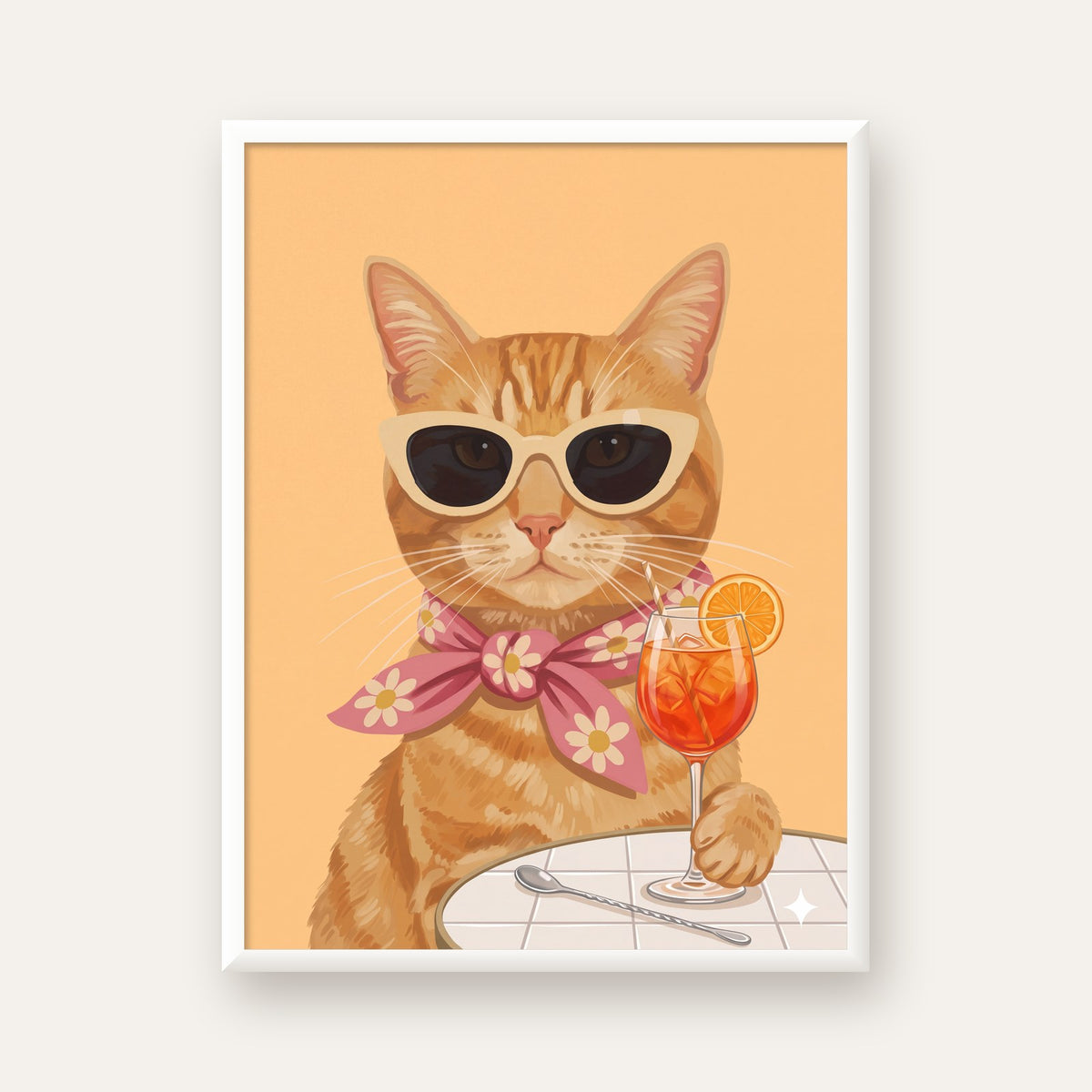 Şık Kedi İllüstrasyonu Poster – Kokteylli Modern Sanat Baskısı — beyaz çerçeveli dikey poster