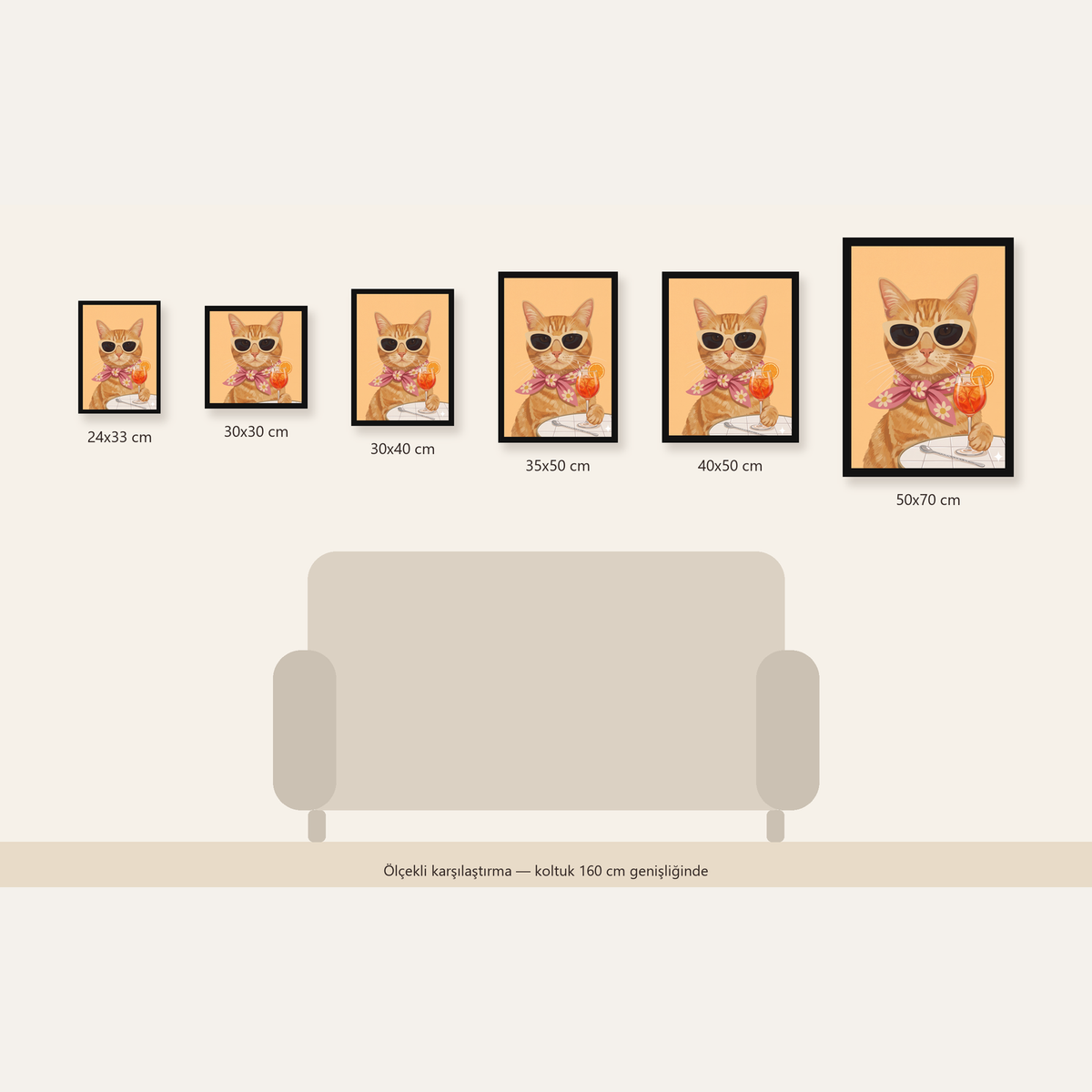 Şık Kedi İllüstrasyonu Poster – Kokteylli Modern Sanat Baskısı — 24×33 cm'den 50×70 cm'e, altı ölçünün karşılaştırması