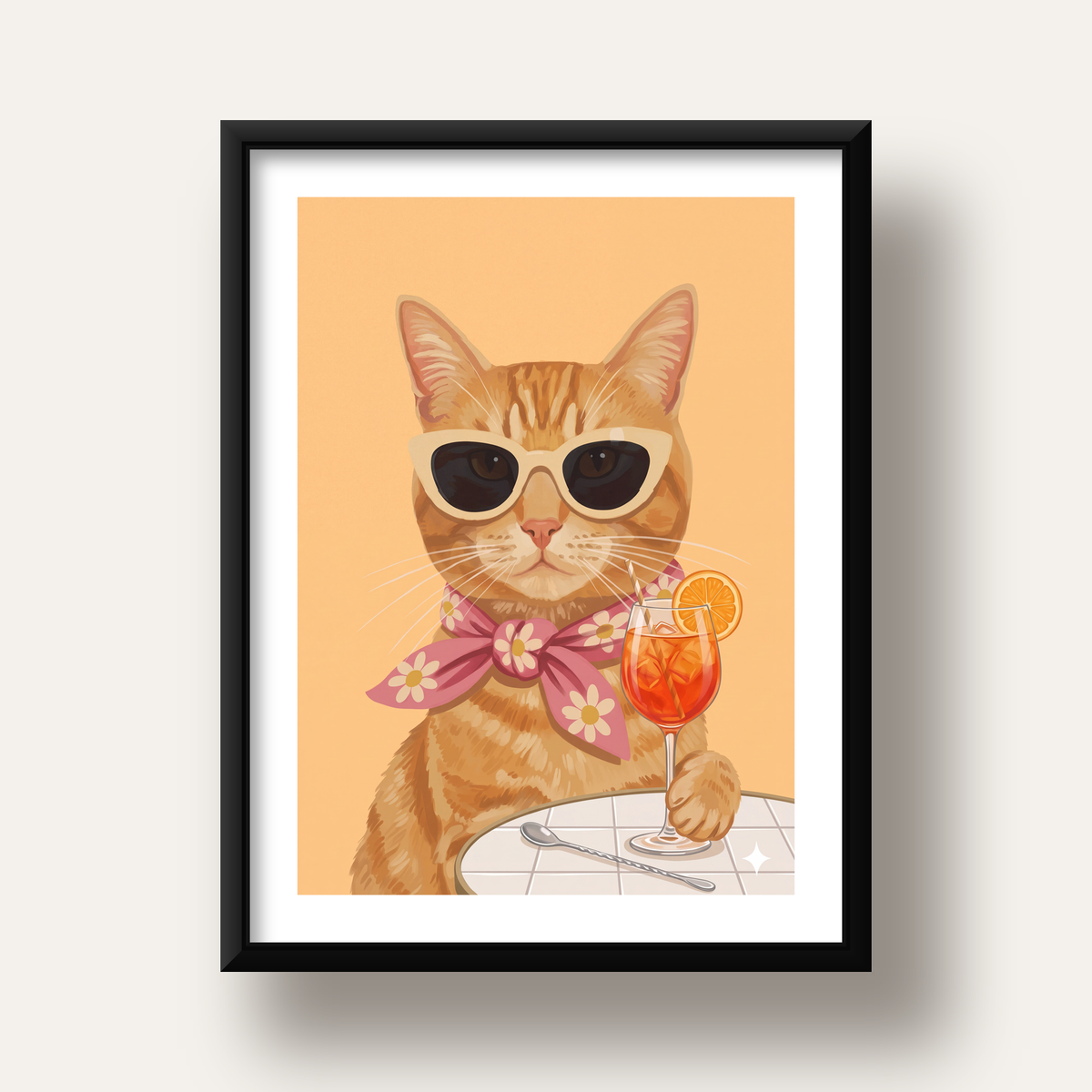 Şık Kedi İllüstrasyonu Poster – Kokteylli Modern Sanat Baskısı — siyah derin çerçeveli paspartulu