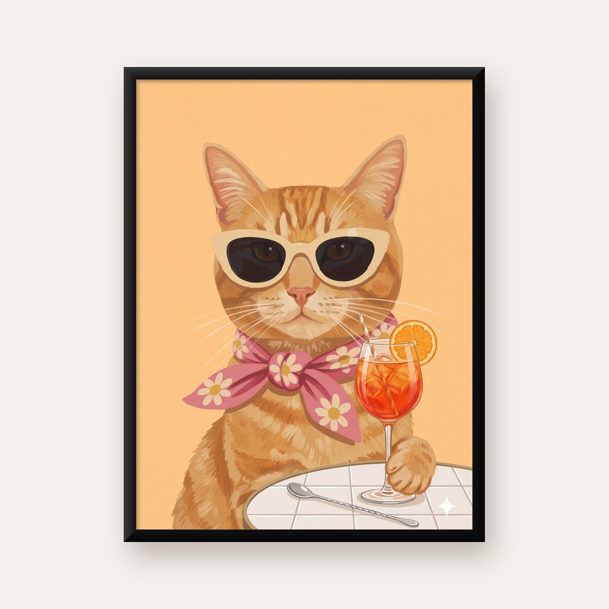 Şık Kedi İllüstrasyonu Poster – Kokteylli Modern Sanat Baskısı — ceviz çerçeveli
