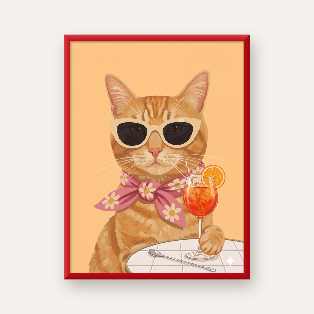 Şık Kedi İllüstrasyonu Poster – Kokteylli Modern Sanat Baskısı — kırmızı çerçeveli