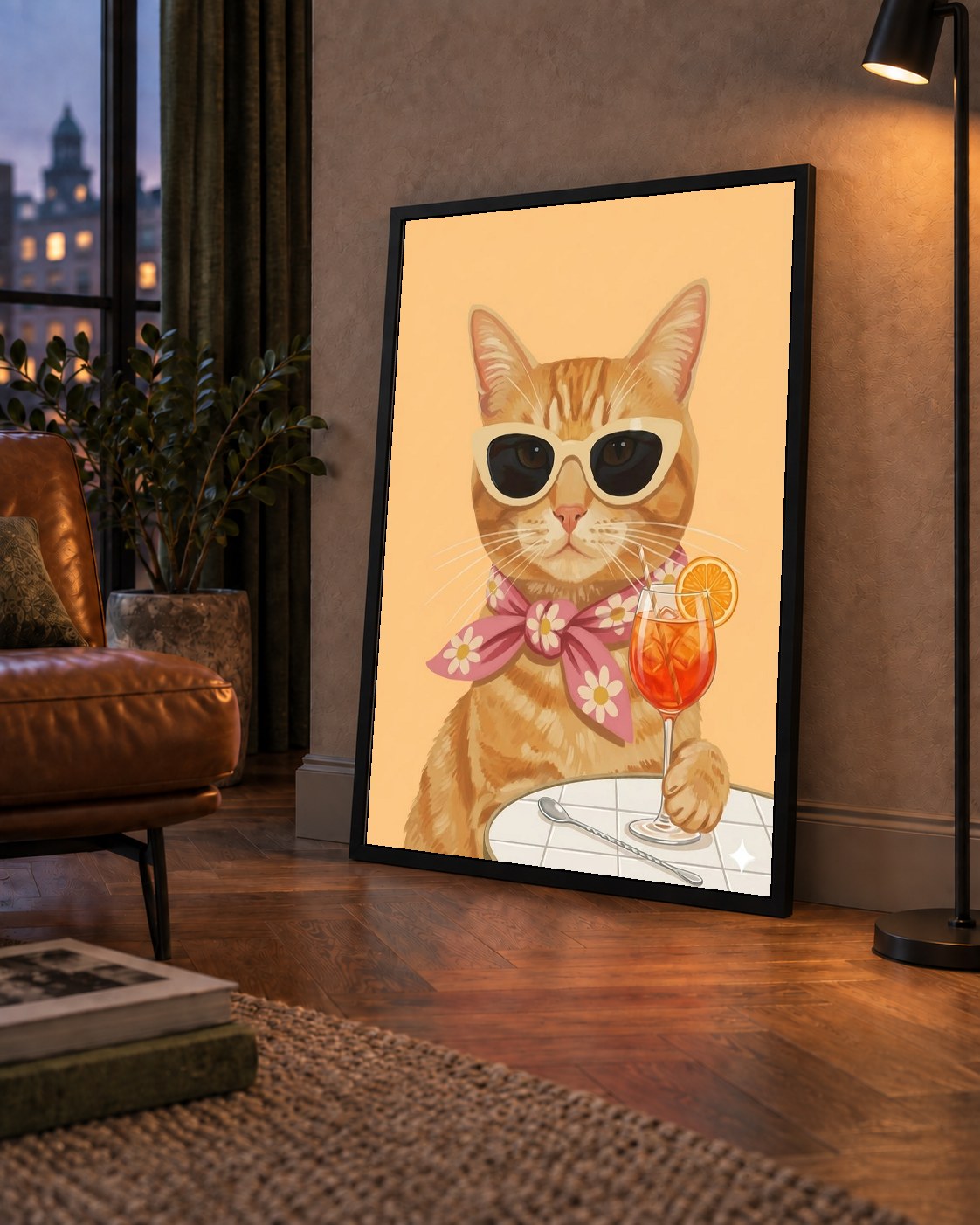 Şık Kedi İllüstrasyonu Poster – Kokteylli Modern Sanat Baskısı