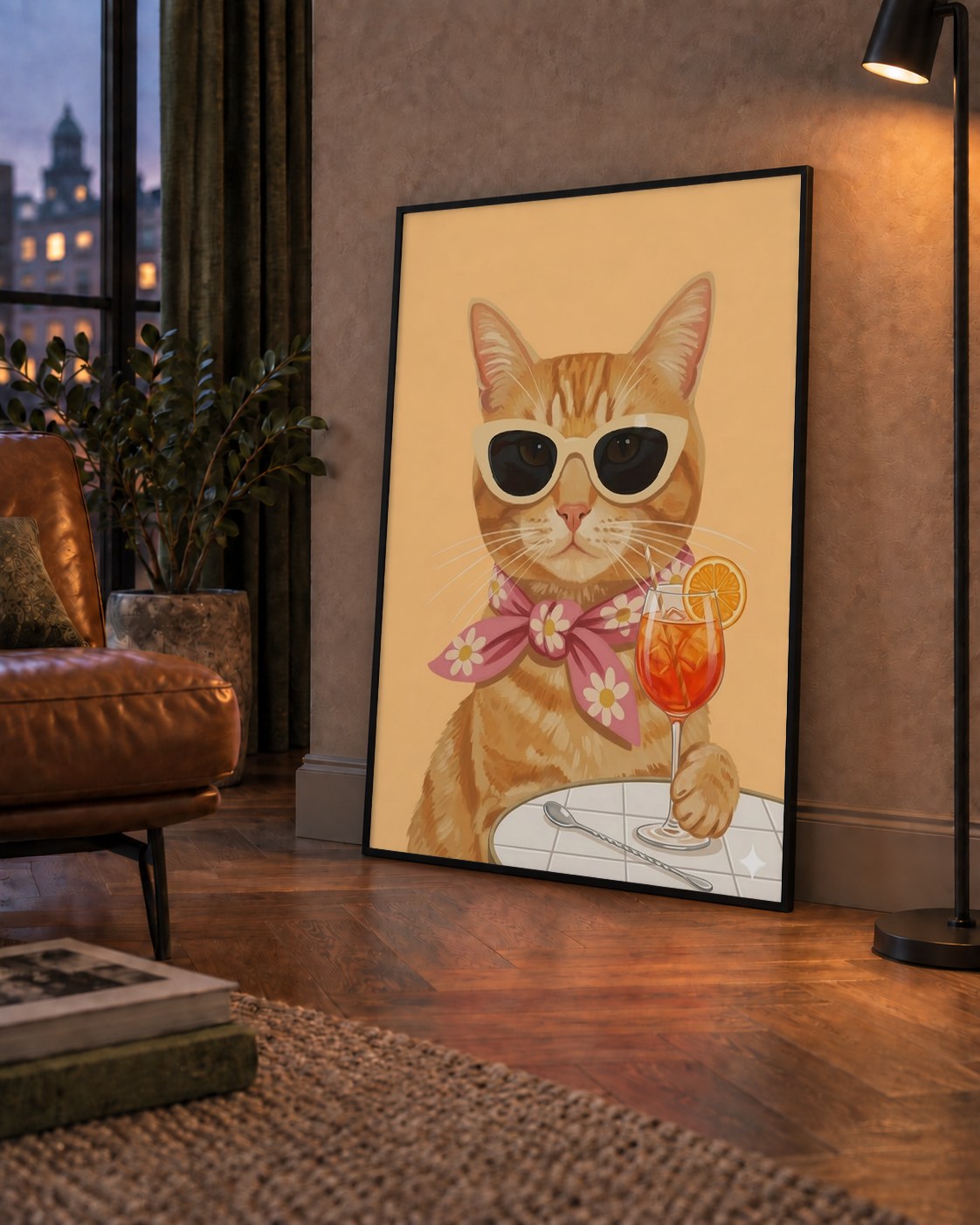 Şık Kedi İllüstrasyonu Poster – Kokteylli Modern Sanat Baskısı — çerçeveli hâliyle bir ev duvarında