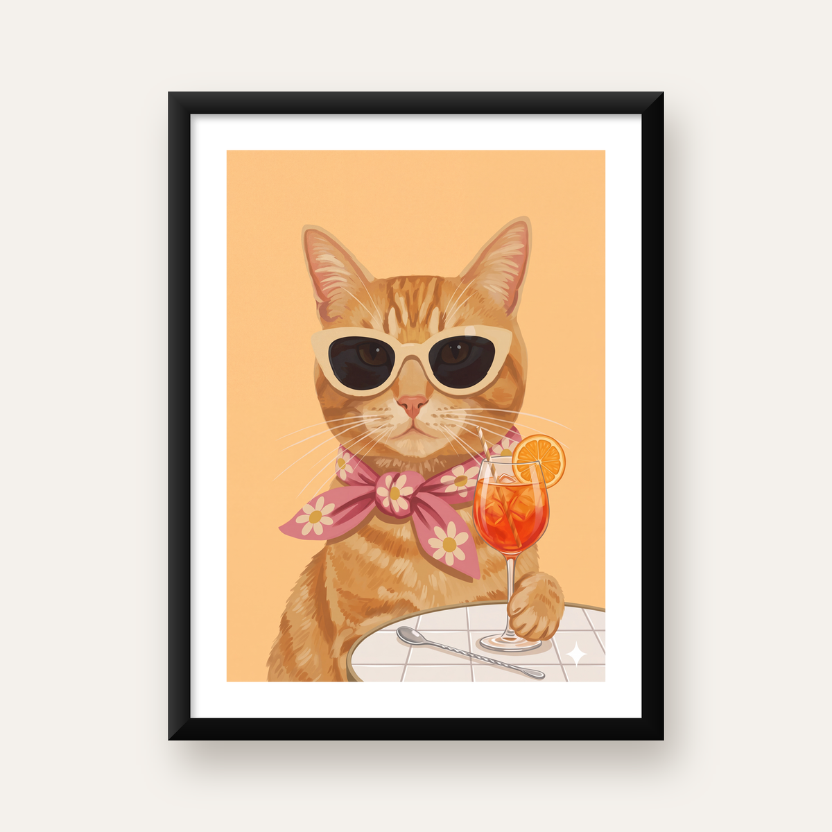 Şık Kedi İllüstrasyonu Poster – Kokteylli Modern Sanat Baskısı — beyaz paspartulu, düz siyah çerçeveli