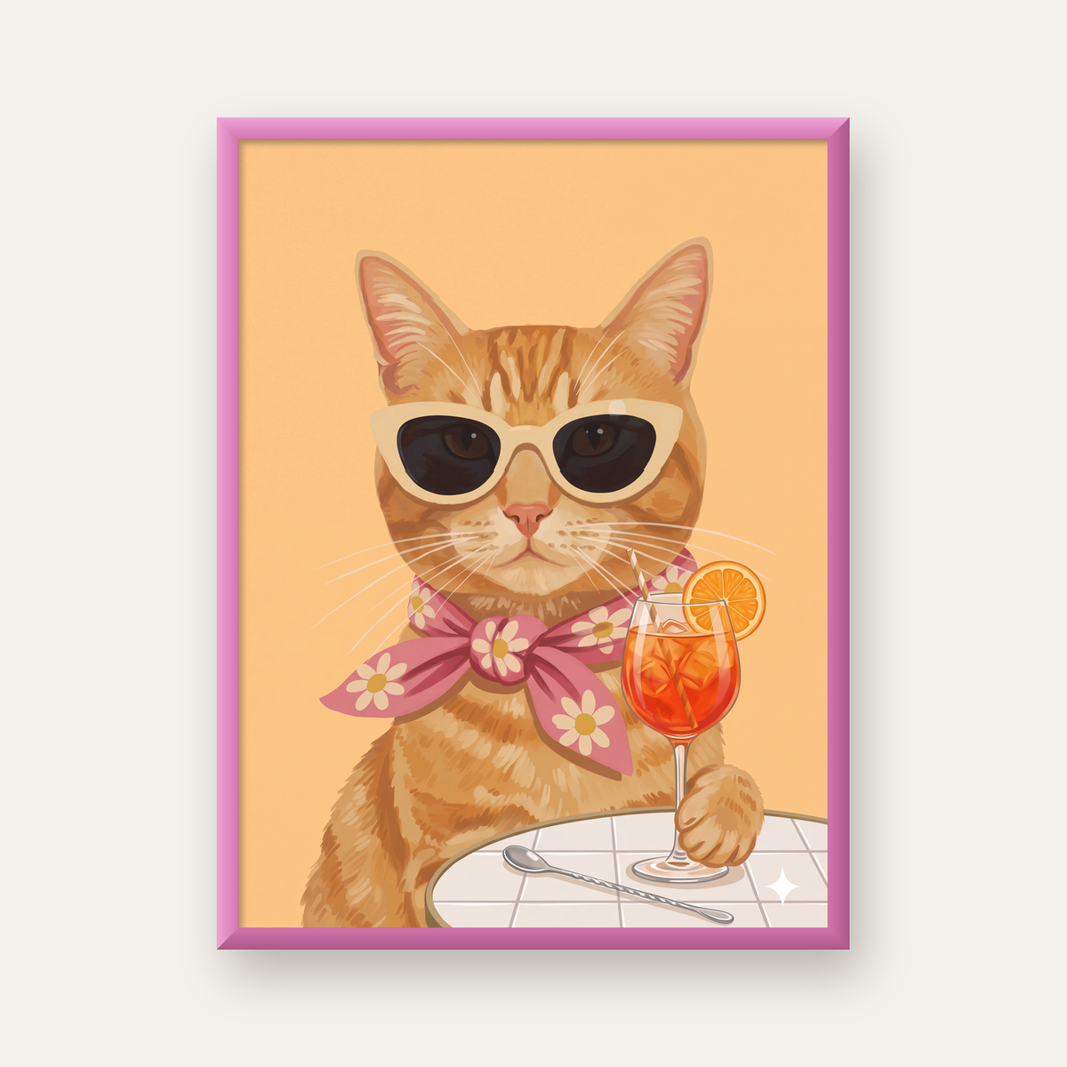 Şık Kedi İllüstrasyonu Poster – Kokteylli Modern Sanat Baskısı — pembe çerçeveli
