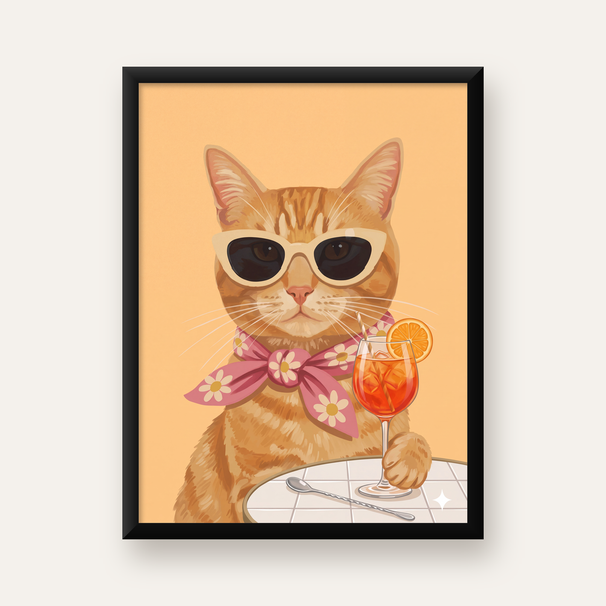 Şık Kedi İllüstrasyonu Poster – Kokteylli Modern Sanat Baskısı — düz siyah çerçeveli duvar posteri