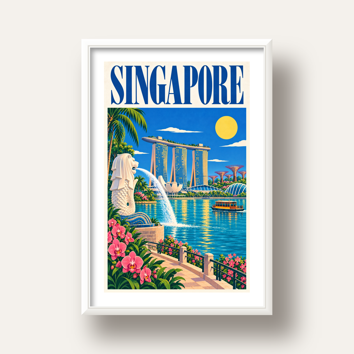 Singapur Manzarası İllüstrasyon Poster – Canlı Renkli Baskı — beyaz derin çerçeveli paspartulu