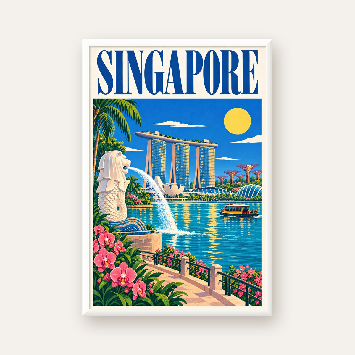 Singapur Manzarası İllüstrasyon Poster – Canlı Renkli Baskı — beyaz çerçeveli dikey poster