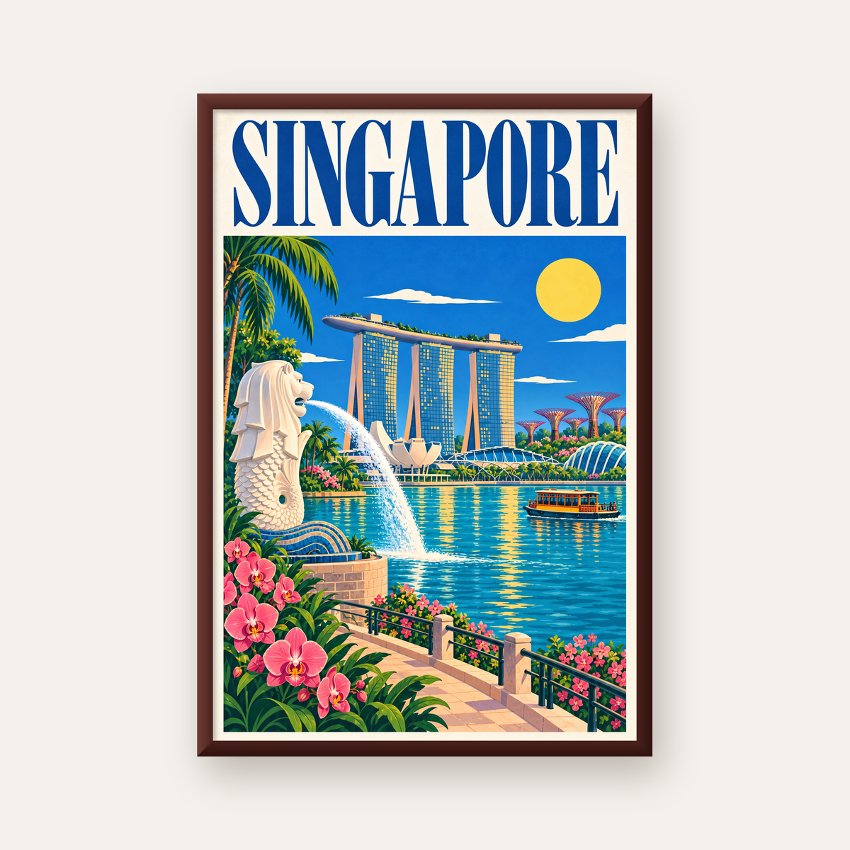 Singapur Manzarası İllüstrasyon Poster – Canlı Renkli Baskı — ceviz çerçeveli
