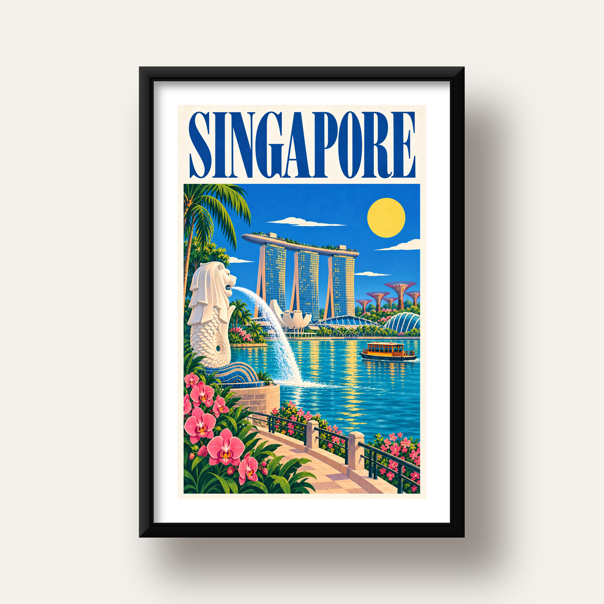 Singapur Manzarası İllüstrasyon Poster – Canlı Renkli Baskı — siyah derin çerçeveli paspartulu