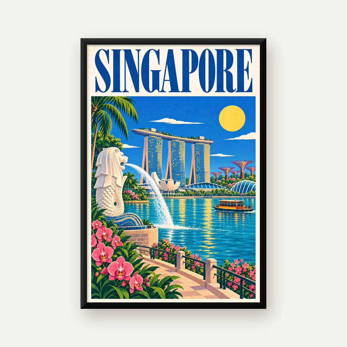 Singapur Manzarası İllüstrasyon Poster – Canlı Renkli Baskı — ceviz çerçeveli