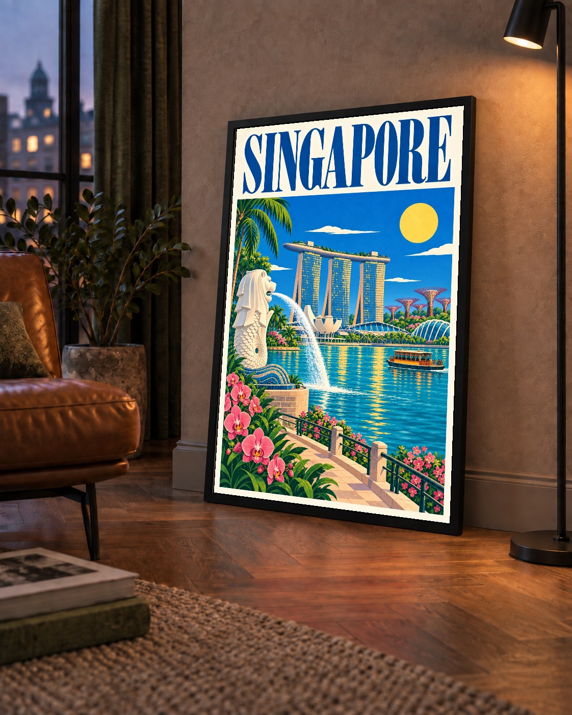 Singapur Manzarası İllüstrasyon Poster – Canlı Renkli Baskı