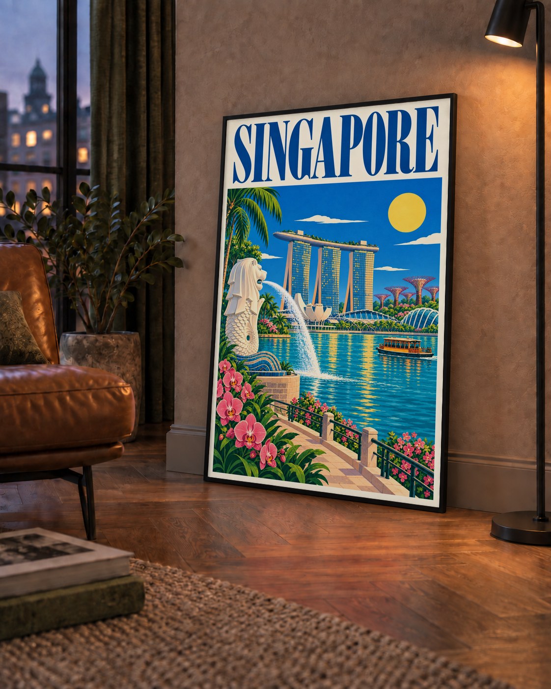 Singapur Manzarası İllüstrasyon Poster – Canlı Renkli Baskı — çerçeveli hâliyle bir ev duvarında