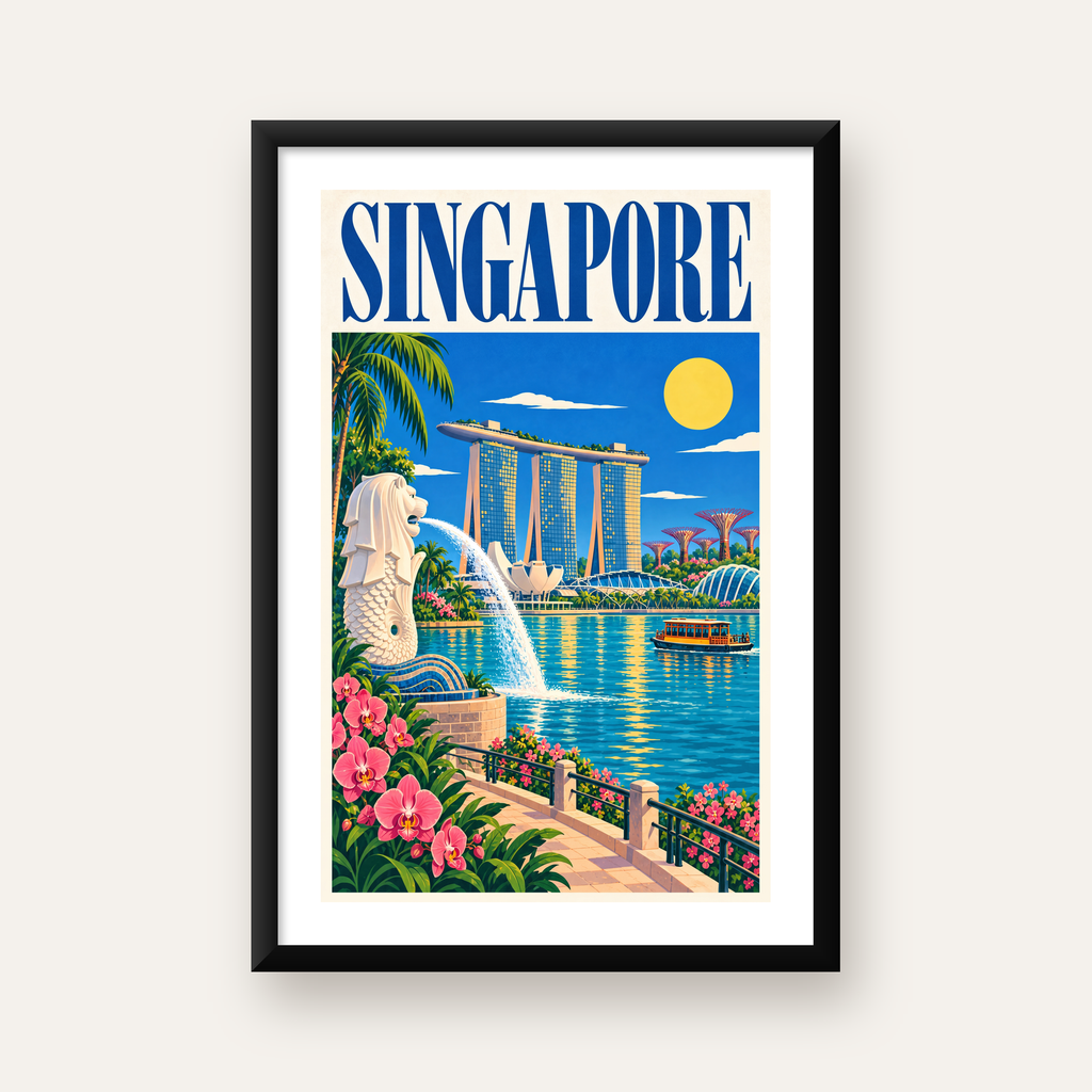 Singapur Manzarası İllüstrasyon Poster – Canlı Renkli Baskı — beyaz paspartulu, düz siyah çerçeveli