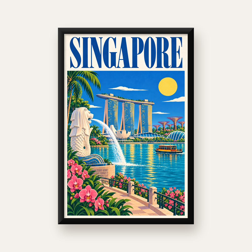 Singapur Manzarası İllüstrasyon Poster – Canlı Renkli Baskı — düz siyah çerçeveli duvar posteri