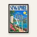 Singapur Manzarası İllüstrasyon Poster – Canlı Renkli Baskı — düz siyah çerçeveli duvar posteri