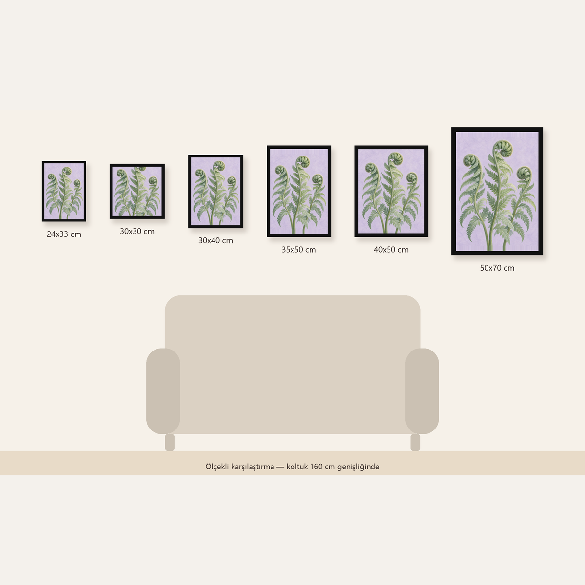 Botanik Eğrelti Otu Suluboya Poster – Modern Duvar Dekoru — Dikey ölçülerinin karşılaştırması