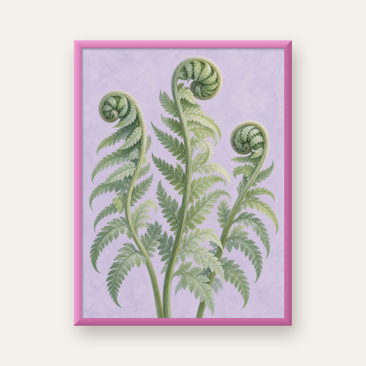 Botanik Eğrelti Otu Suluboya Poster – Modern Duvar Dekoru — pembe çerçeveli