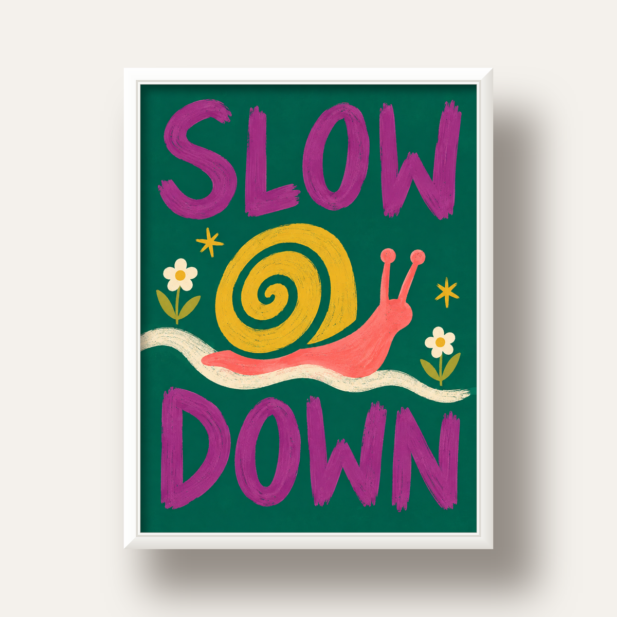 Slow Down Poster – Pastel Salyangoz ve Çiçekler Duvar Sanatı — beyaz derin çerçeveli
