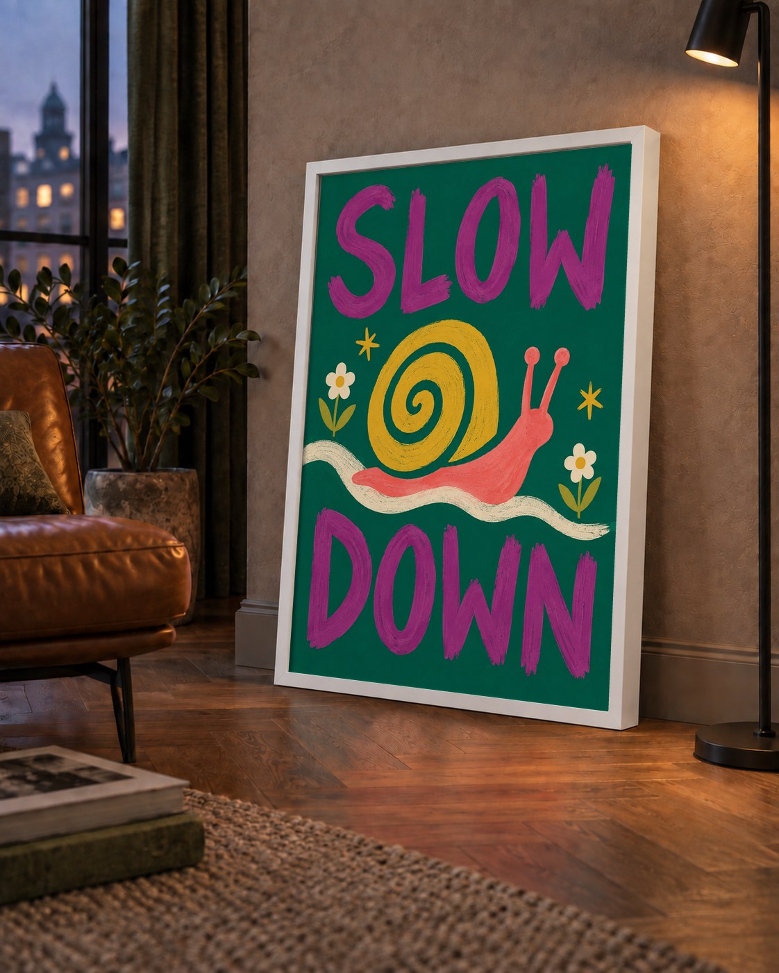 Slow Down Poster – Pastel Salyangoz ve Çiçekler Duvar Sanatı — çerçeveli hâliyle bir ev duvarında