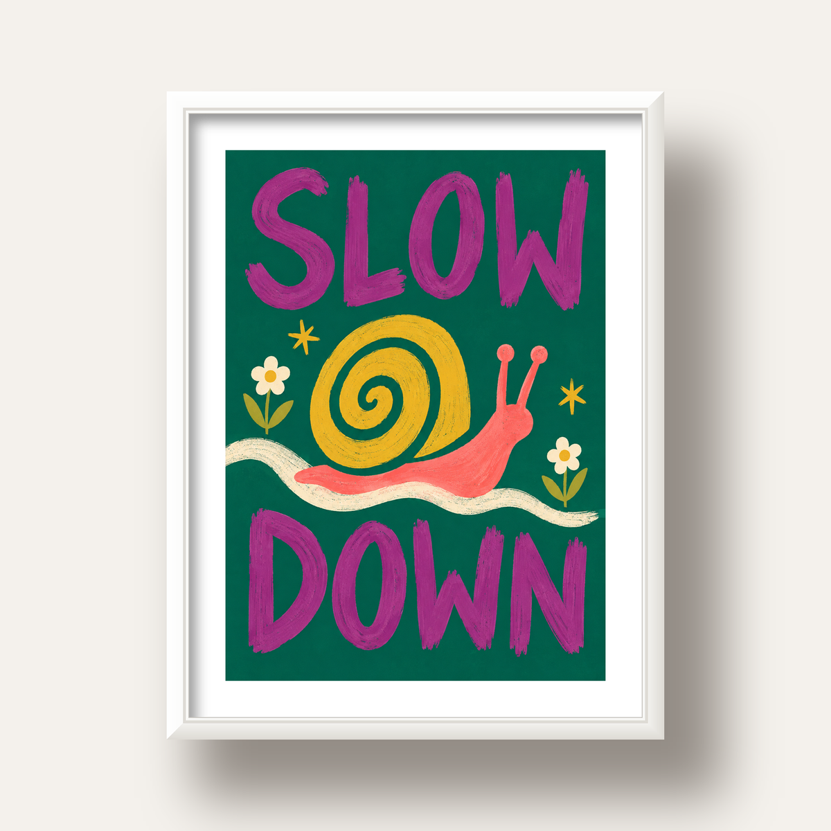 Slow Down Poster – Pastel Salyangoz ve Çiçekler Duvar Sanatı — beyaz derin çerçeveli paspartulu