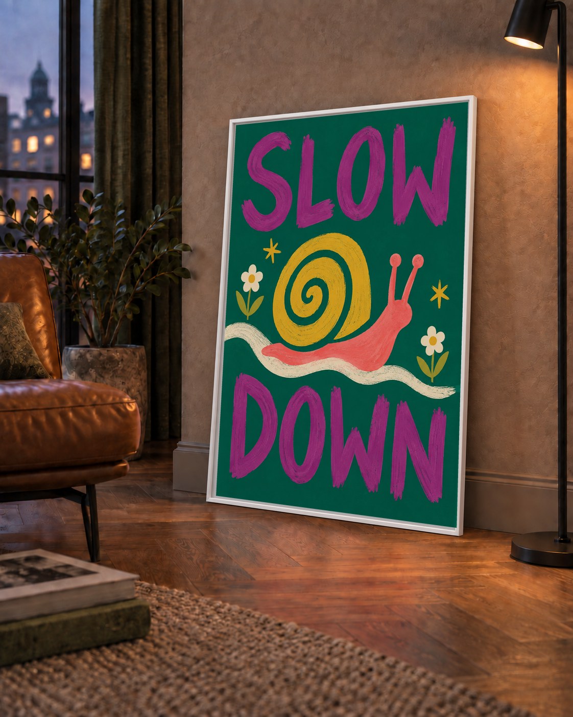 Slow Down Poster – Pastel Salyangoz ve Çiçekler Duvar Sanatı — çerçeveli hâliyle bir ev duvarında
