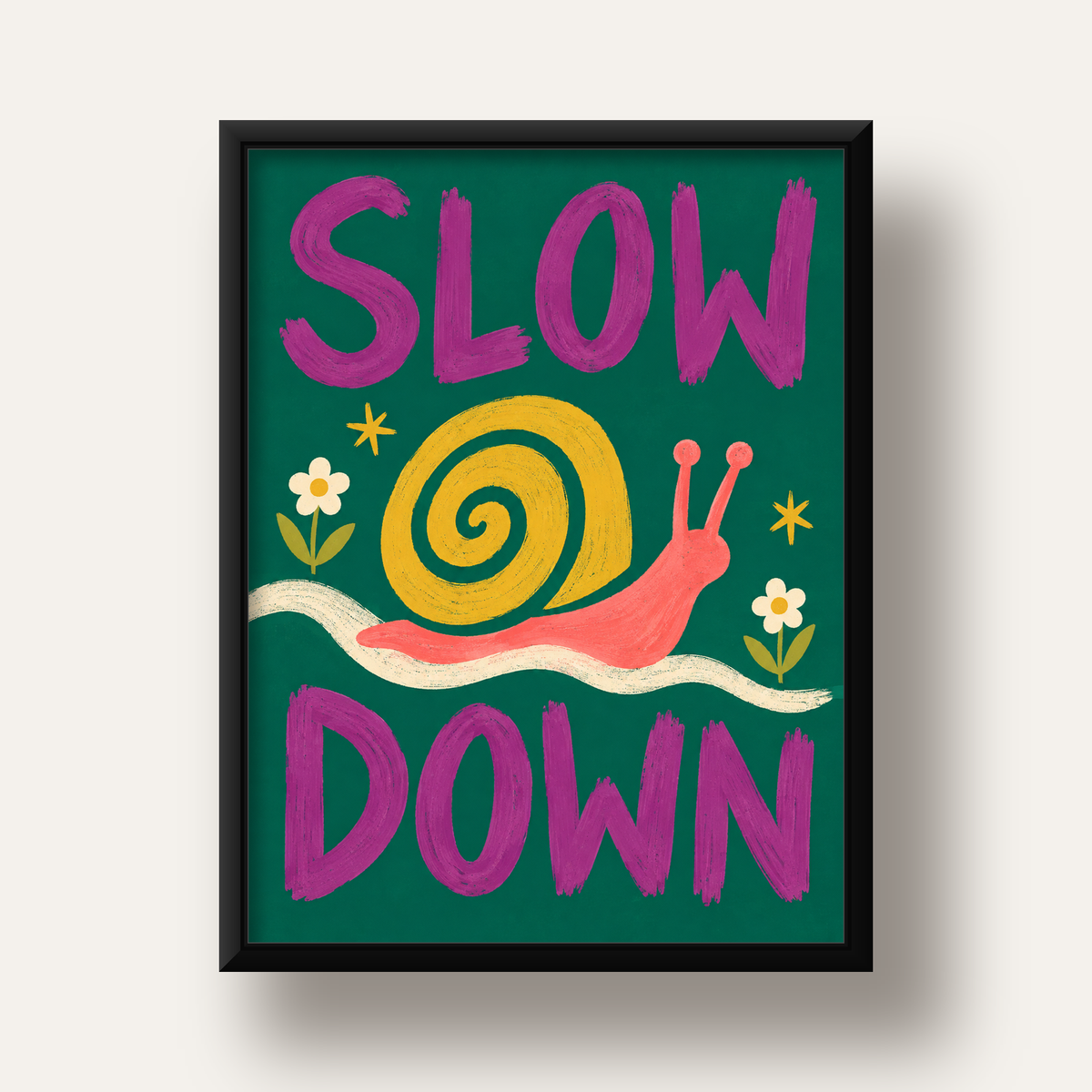 Slow Down Poster – Pastel Salyangoz ve Çiçekler Duvar Sanatı — siyah derin çerçeveli