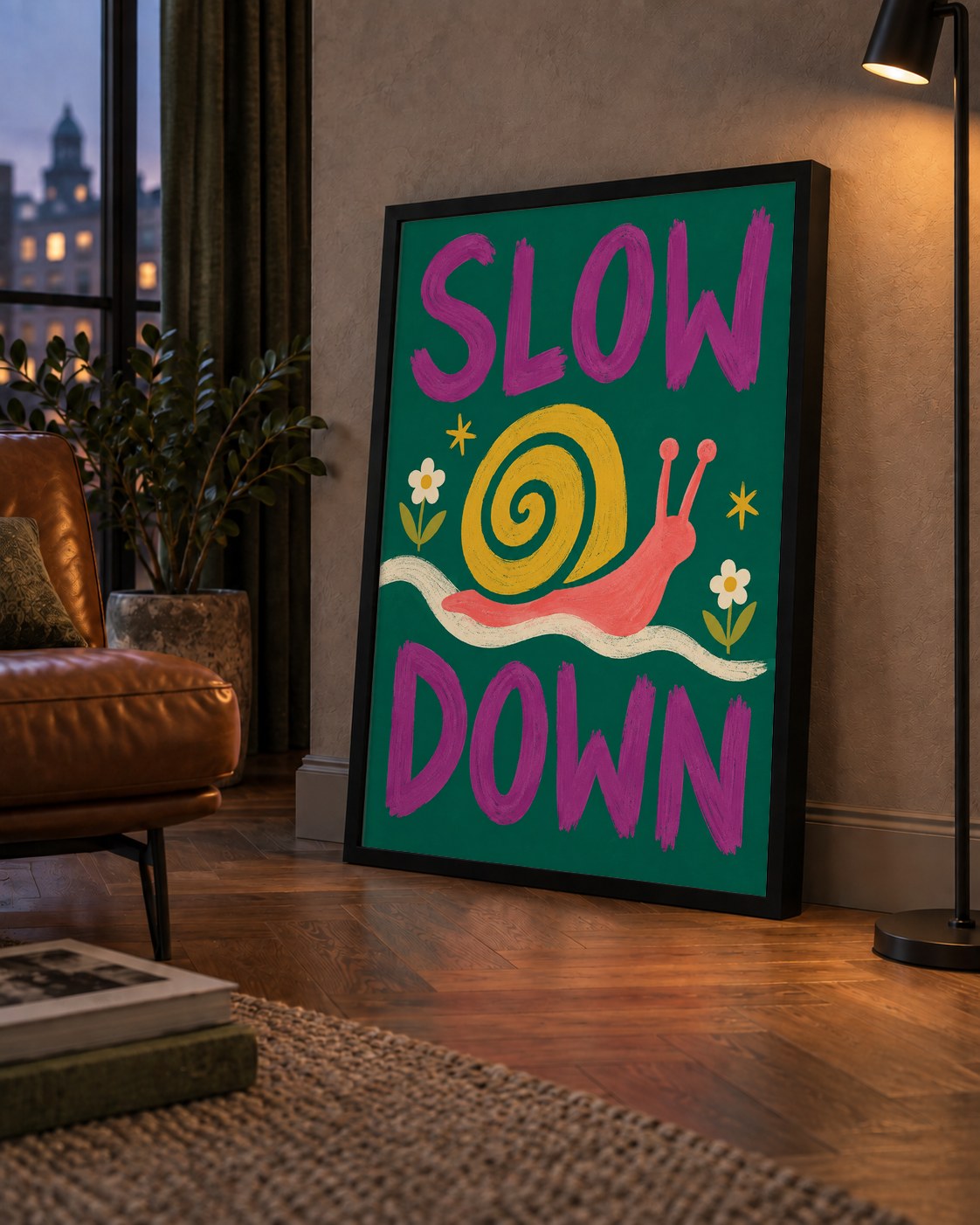 Slow Down Poster – Pastel Salyangoz ve Çiçekler Duvar Sanatı — çerçeveli hâliyle bir ev duvarında